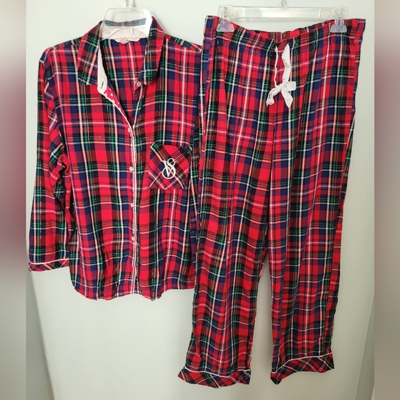 Victoria's Secret 2 Piece Pajama Set Red Plaid Button Down Lightweight Medium - Picture 1 of 10